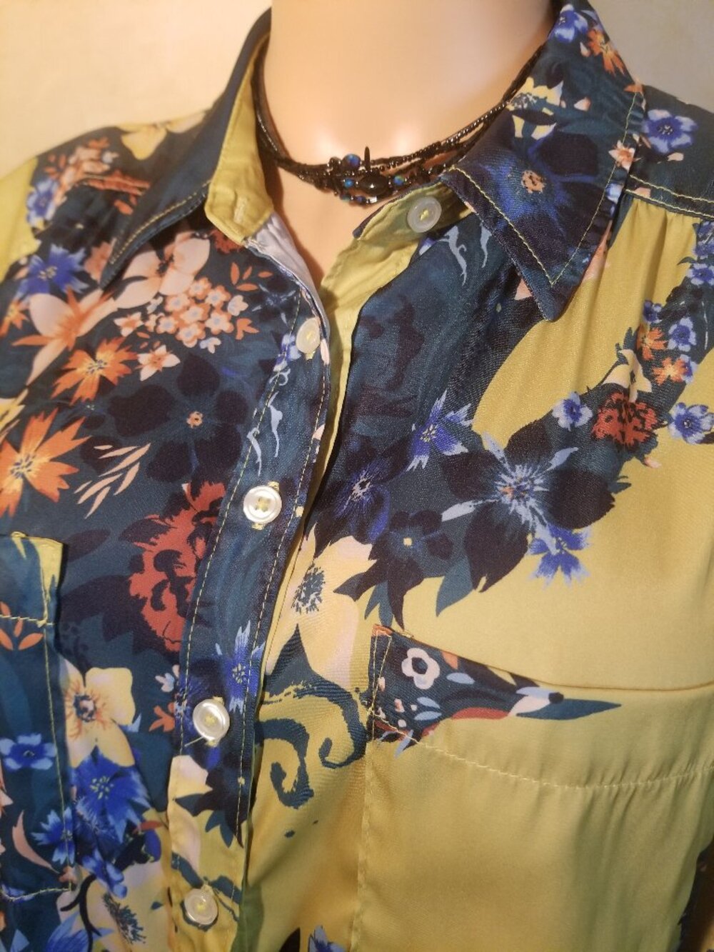 ANTHROPOLOGIE - "VIBRANT" BLUE & YELLOW "BOHO" FLORAL BLOUSE SZ SMALL